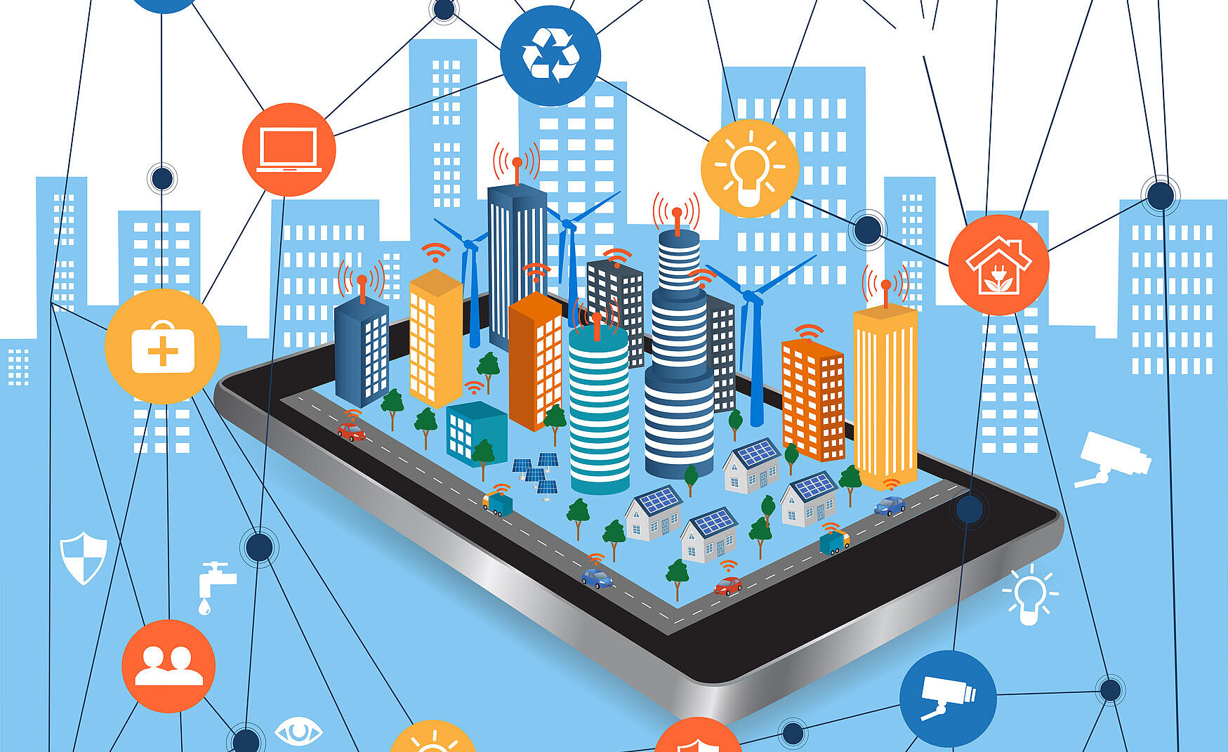 Vernetzte Stadt auf Tablet