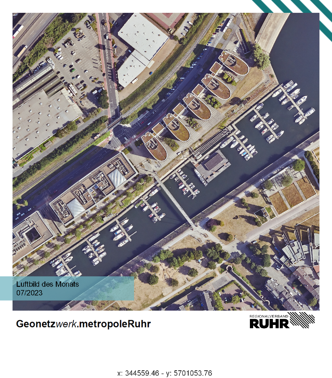 Luftbild des Monats Juli 2023 mit einem Ausschnitt des Innenhafens in Duisburg