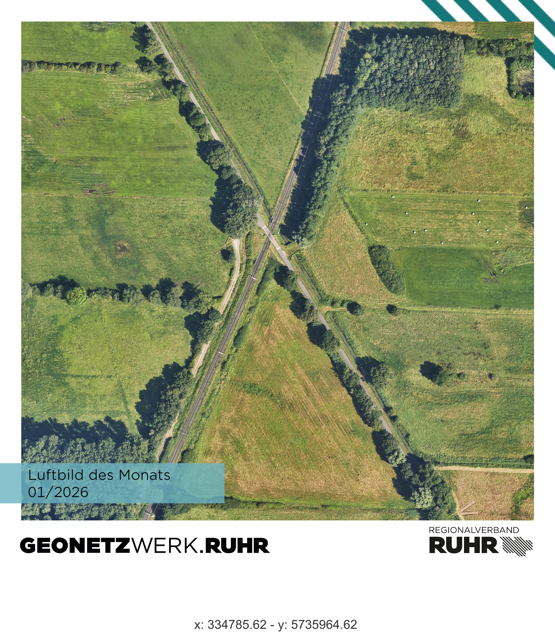 X-Förmige Kreuzung zwischen Bahn, Straße und Feldweg. 