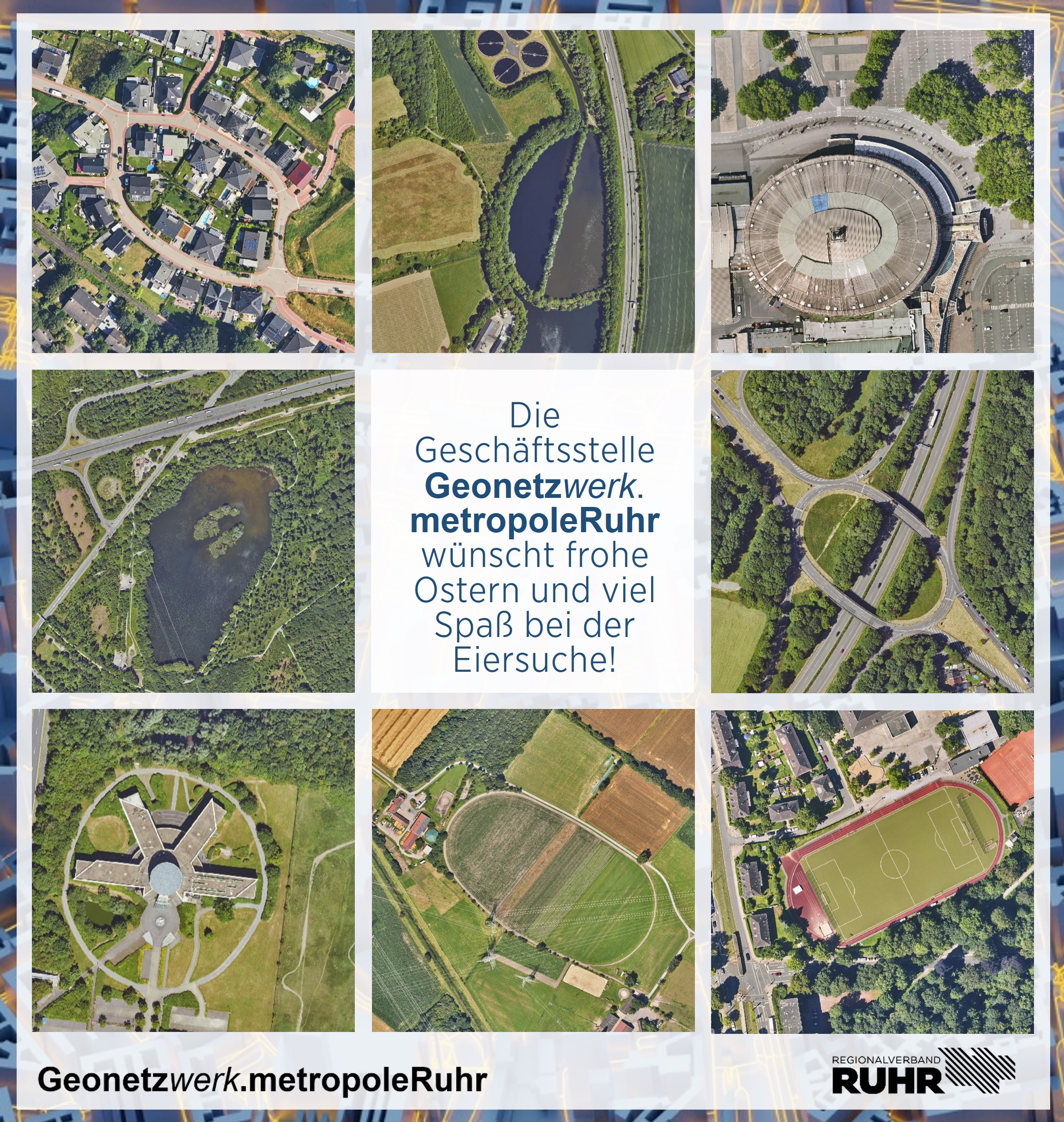 Ostergrüße der Geschäftsstelle mit Eierförmigen Ausschnitten aus unseren Luftbildern