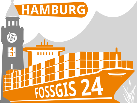 Logo der FOSSGIS 2024, ein Containerschiff vor Hamburg