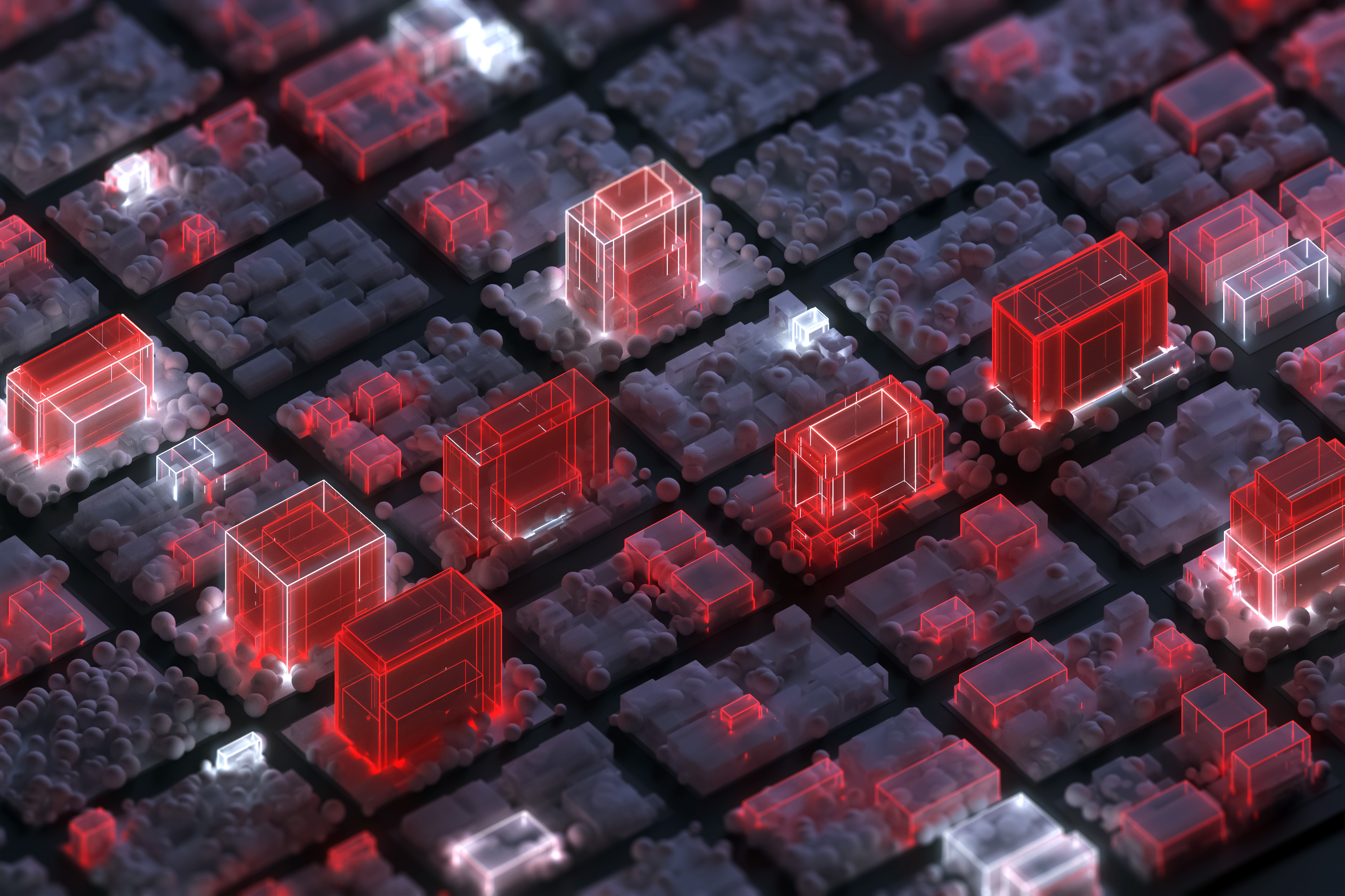 Smart city model with futuristic buildings illuminated by neon lights